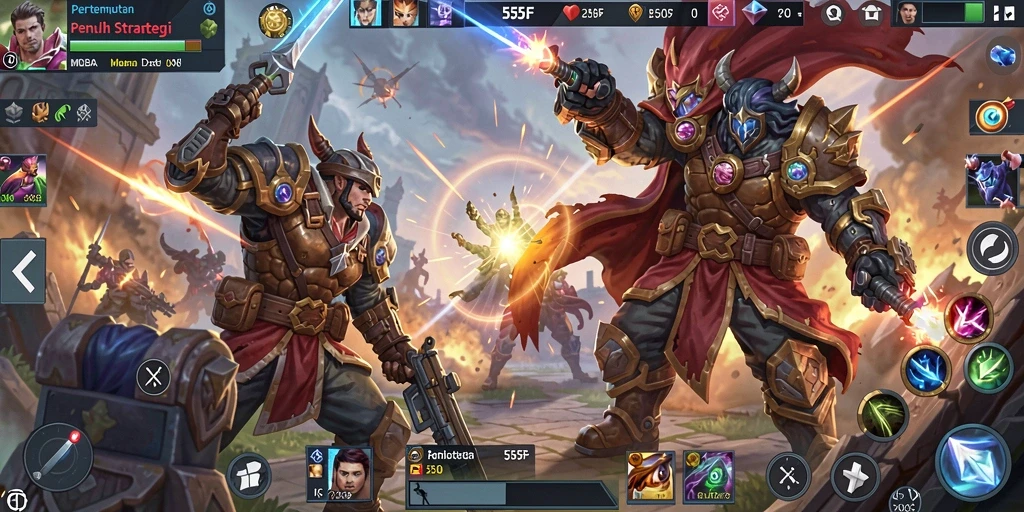 Menampilkan pertempuran intens di arena MOBA 555F.