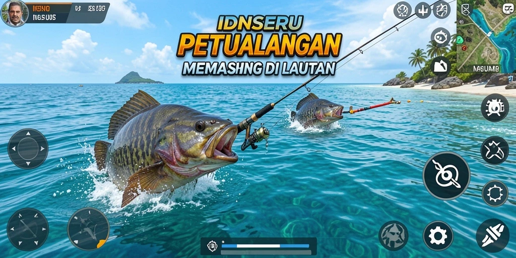 Tampilan gameplay IDNSERU menampilkan pemancing yang sedang bertarung dengan ikan besar.