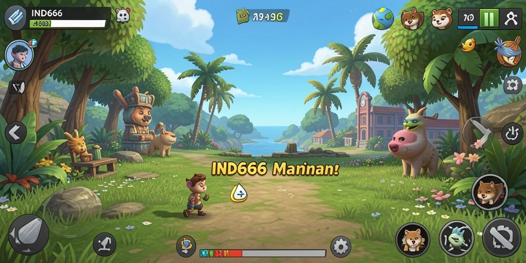 Tampilan gameplay IND666 yang ceria dan penuh warna.