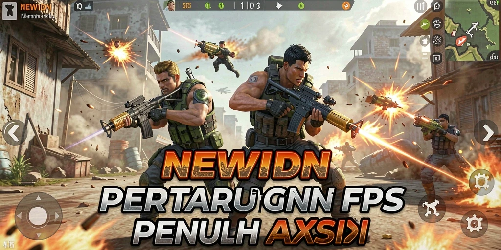 Tangkapan layar pertarungan intens di NEWIDN dengan aksi FPS seru.
