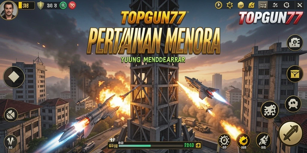 Screenshot menampilkan gameplay seru di TOPGUN77 dengan strategi Tower Defense.